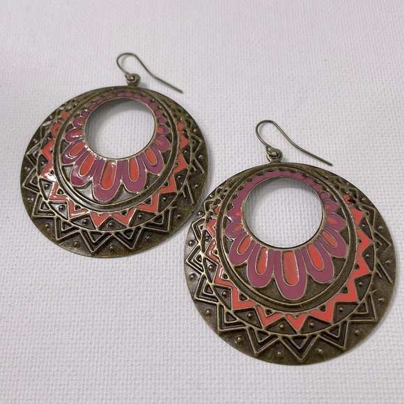 Bohemian Colorful Pattern Bronze Hoops - Picture 5 of 11